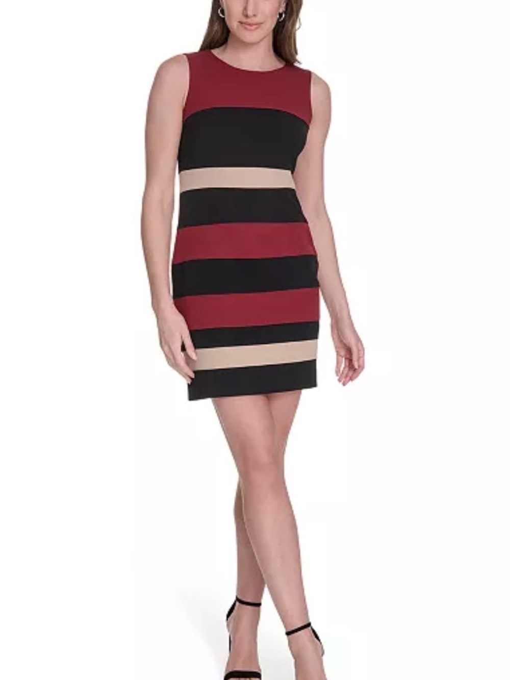 Tommy Hilfiger Striped Sleeveless Sheath Dress in Burgundy, Black & Beige